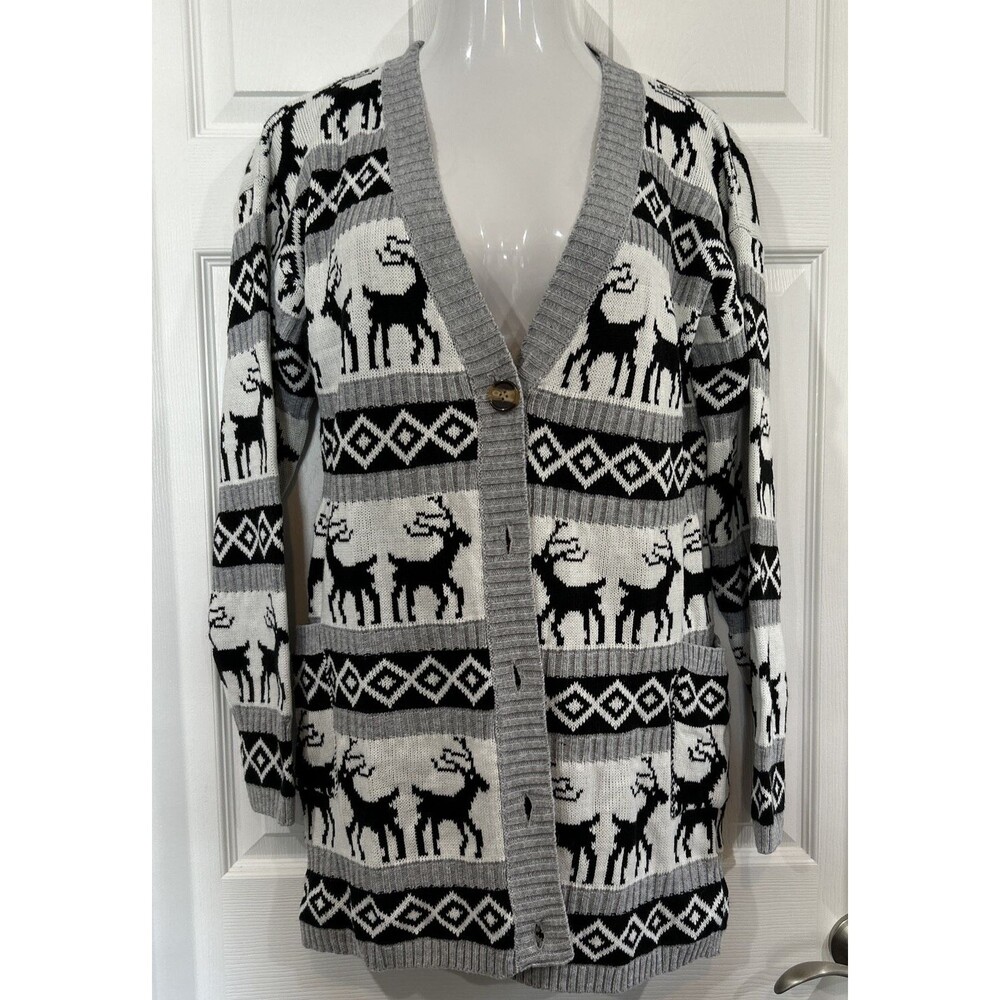 V28 Women's L Christmas Reindeer Pocket Long Cardigan Sweater Gray